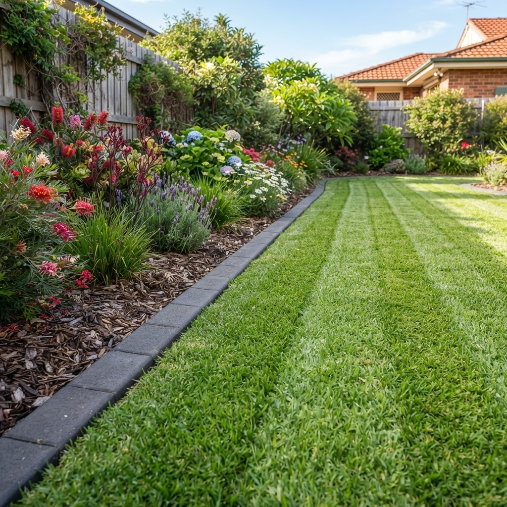 Close-up of a freshly mowed and edged lawn